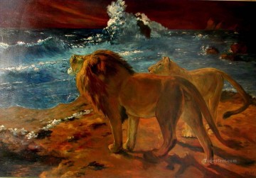  seaside Painting - lions at seaside